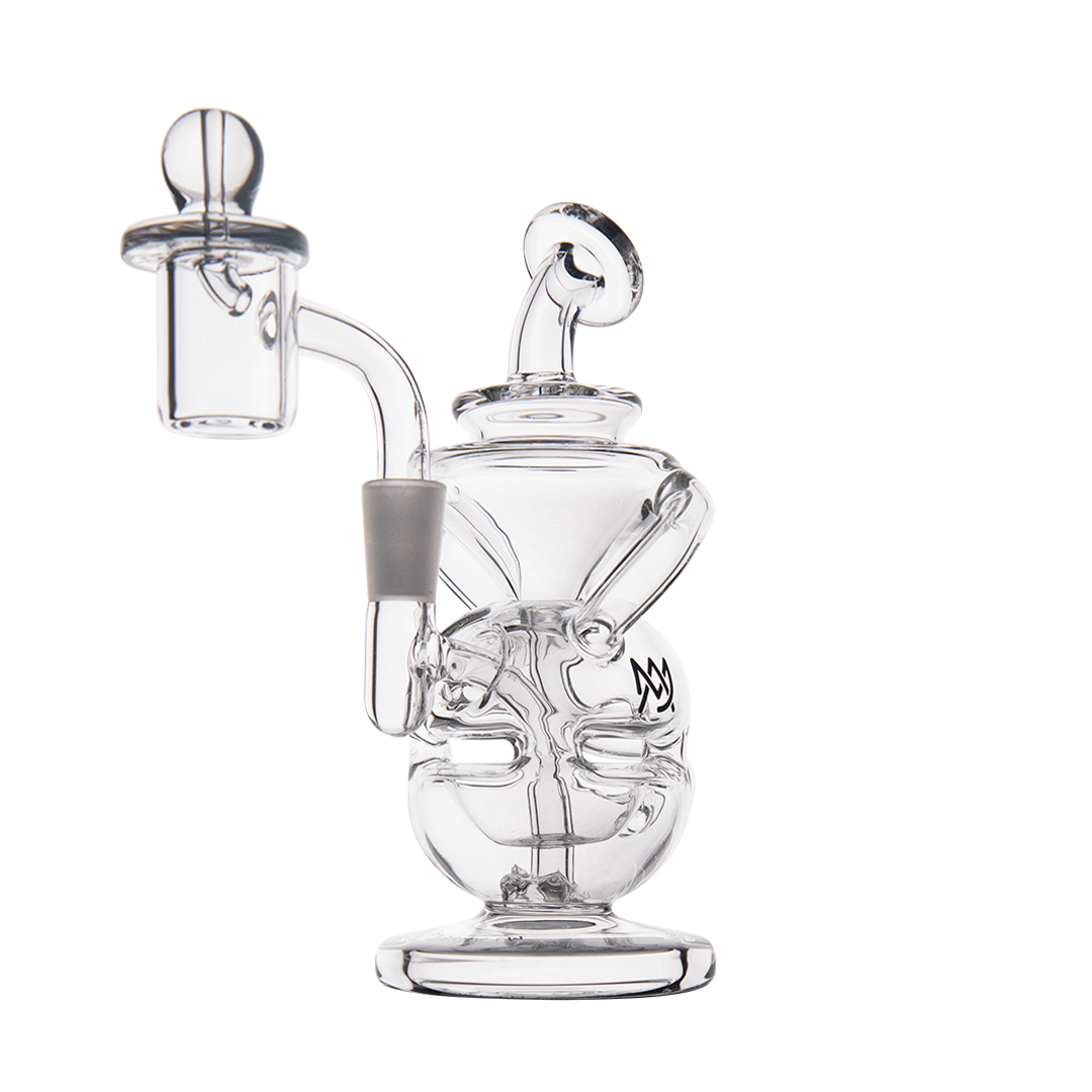 MJ Arsenal Infinity Mini Dab Rig front view, clear borosilicate glass with banger hanger design