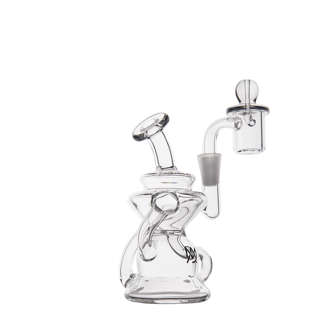 MJ Arsenal Hydra Mini Dab Rig featuring a compact Klein recycler design with triple-hole perc, front view.