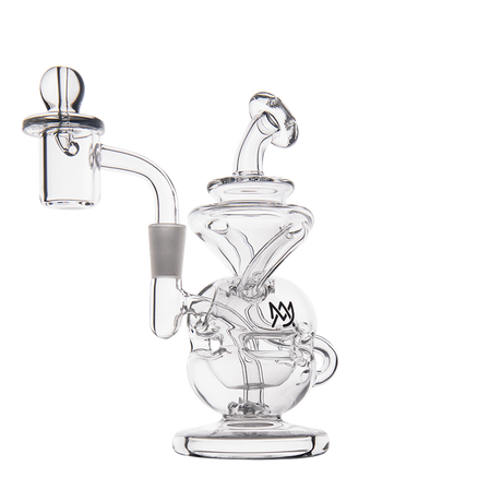 MJ Arsenal Infinity Mini Dab Rig with banger hanger design and recycler, clear borosilicate glass, side view