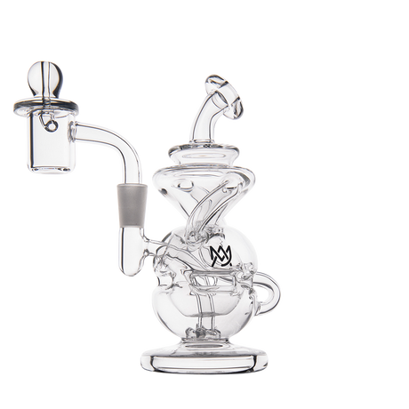 MJ Arsenal Infinity Mini Dab Rig, clear borosilicate glass, 90-degree joint, front view on white background