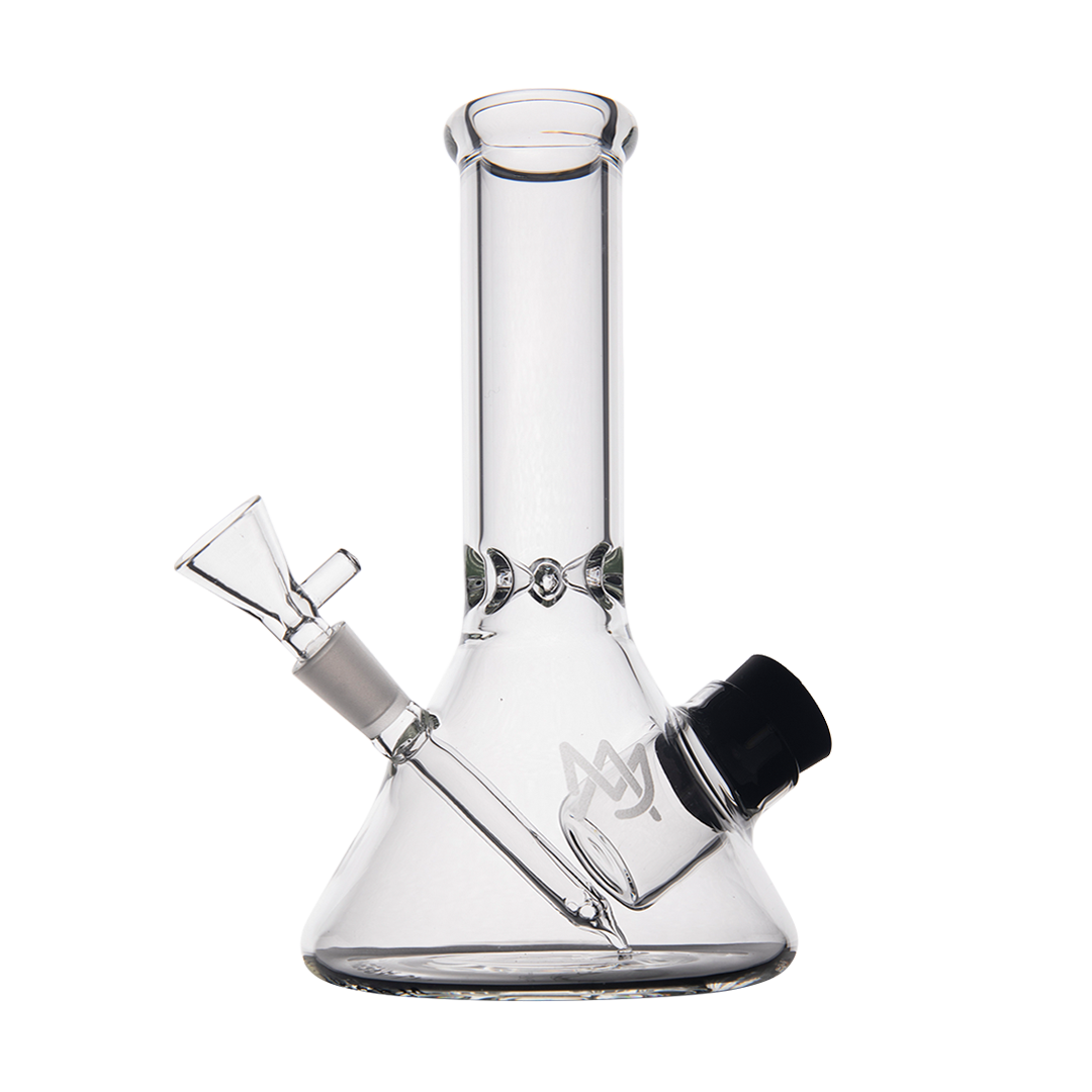 MJ Arsenal Cache Bong in clear borosilicate glass, compact beaker design with 45-degree joint