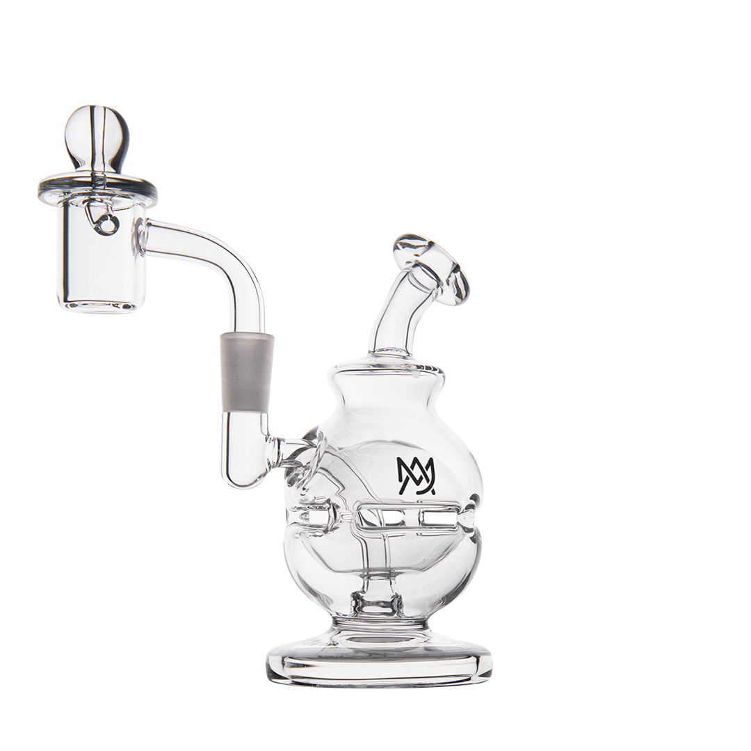 MJ Arsenal Royale Mini Dab Rig, clear borosilicate glass, side view with banger hanger design