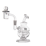 MJ Arsenal Royale Mini Dab Rig, clear borosilicate glass, side view with banger hanger design