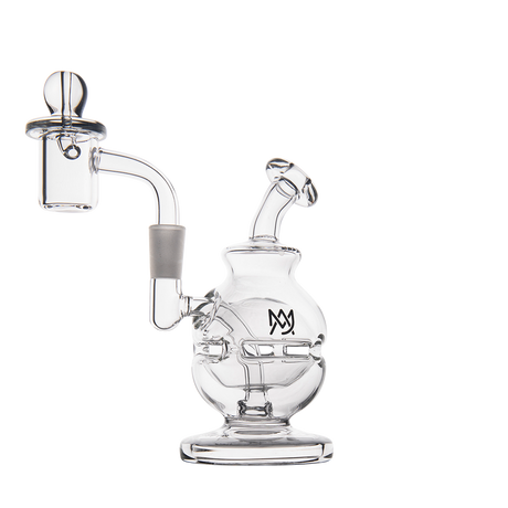MJ Arsenal Royale Mini Dab Rig, clear borosilicate glass, side view with banger hanger design