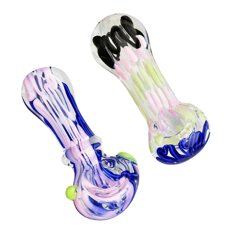 3.5" Worked Slime Strands Hand Pipe in Borosilicate Glass, Spoon Design, Green Color, Side View