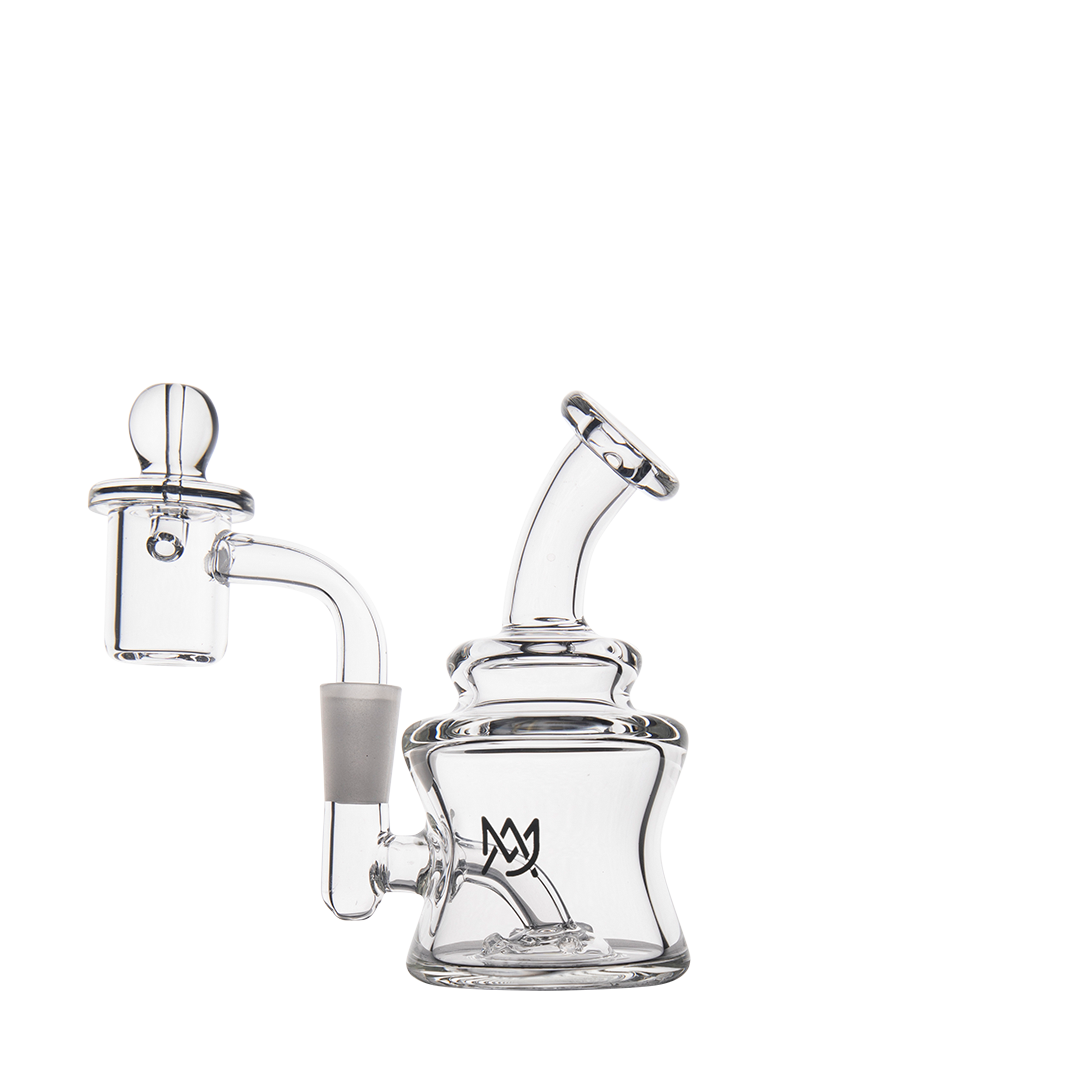 MJ Arsenal Jammer Mini Dab Rig, clear borosilicate glass, 10mm female joint, side view on white