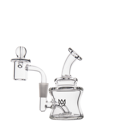 MJ Arsenal Jammer Mini Dab Rig, clear borosilicate glass, 10mm female joint, side view on white