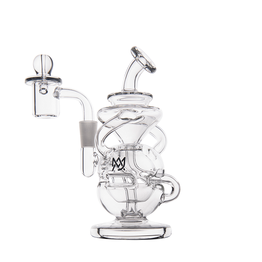 MJ Arsenal Infinity Mini Dab Rig with banger hanger design, clear borosilicate glass, 90-degree joint