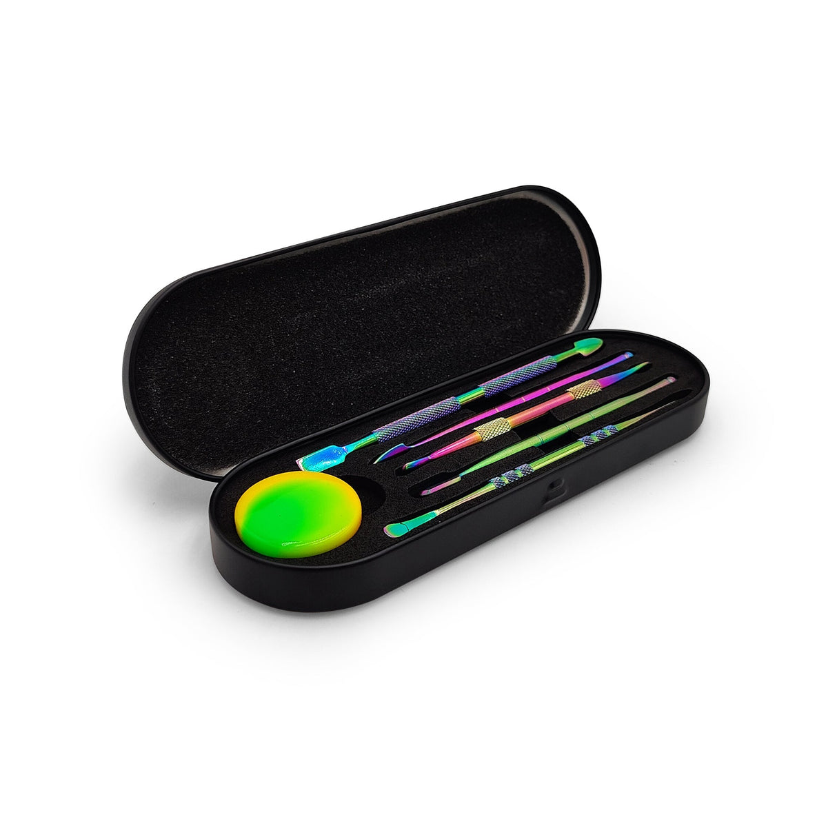 High Society Dabber's 5 Piece Tool Kit with Colorful Handles and Silicone Oil Jar in Case