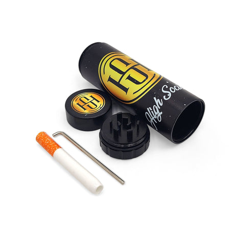 High Society Dugout with Mini Grinder in Black, featuring logo, bat, and one-hitter pipe