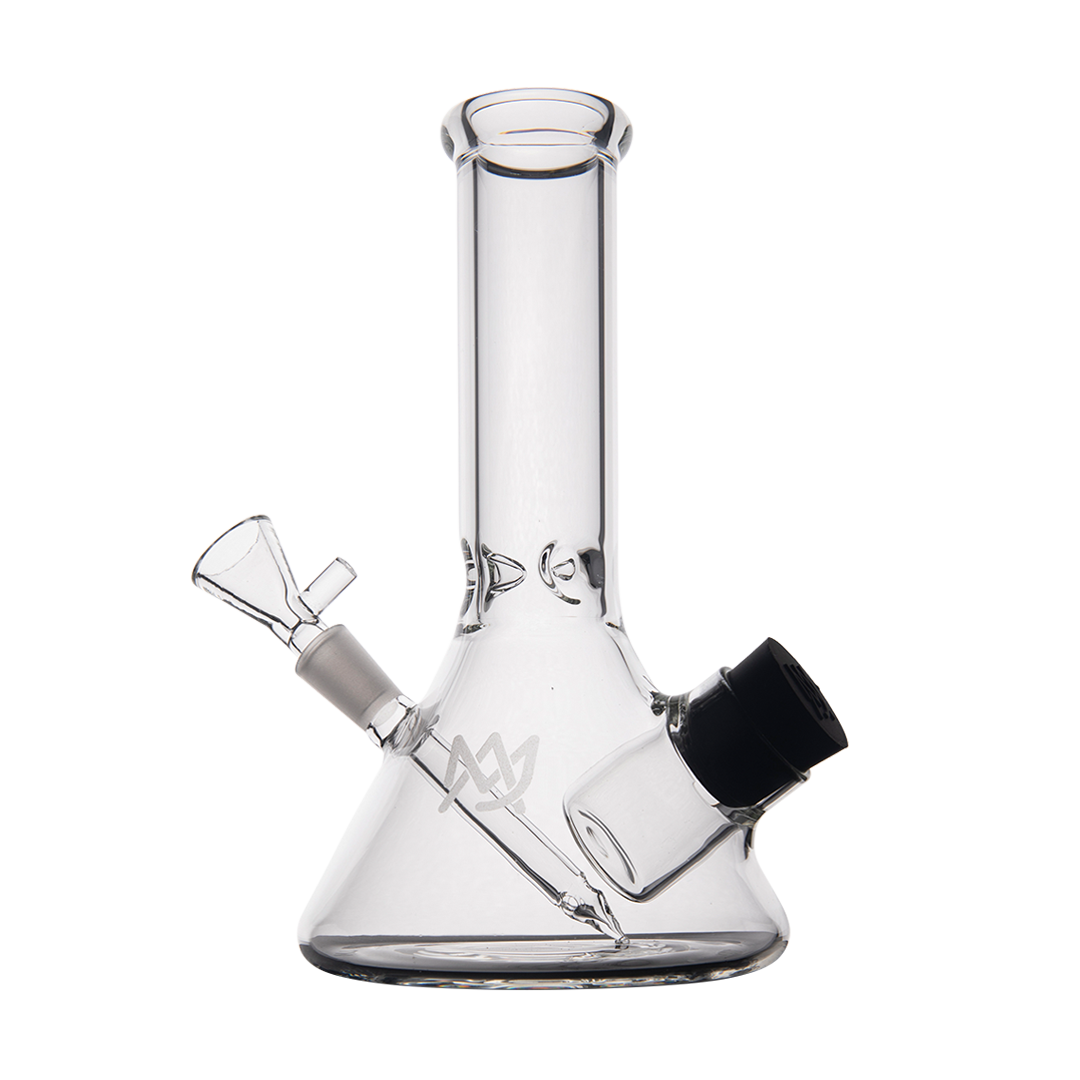 MJ Arsenal Cache Bong in clear borosilicate glass, beaker design, with 45-degree joint, front view