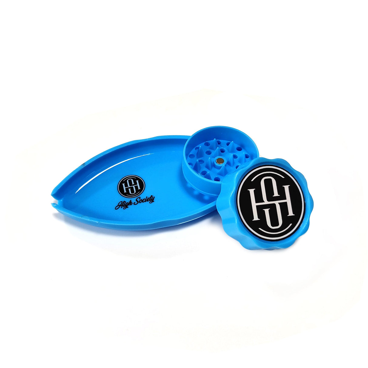 High Society Mini Rolling Tray Grinder Combo in Neon Blue, Top View