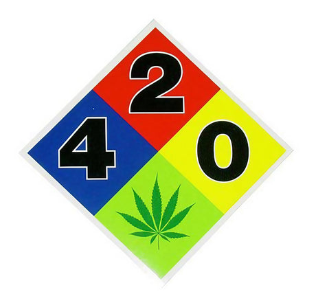 Colorful 420 Hazard Sign Sticker with cannabis leaf, perfect for dry herb enthusiasts