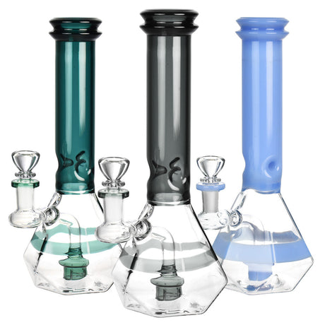 Trio of 420 Karat Diamond Beaker Water Pipes in green, black, and blue with 14mm bowls