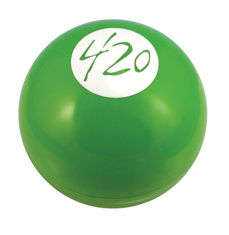 Green 420 Magic 8-Ball on white background, novelty fortune-telling ball for stoners