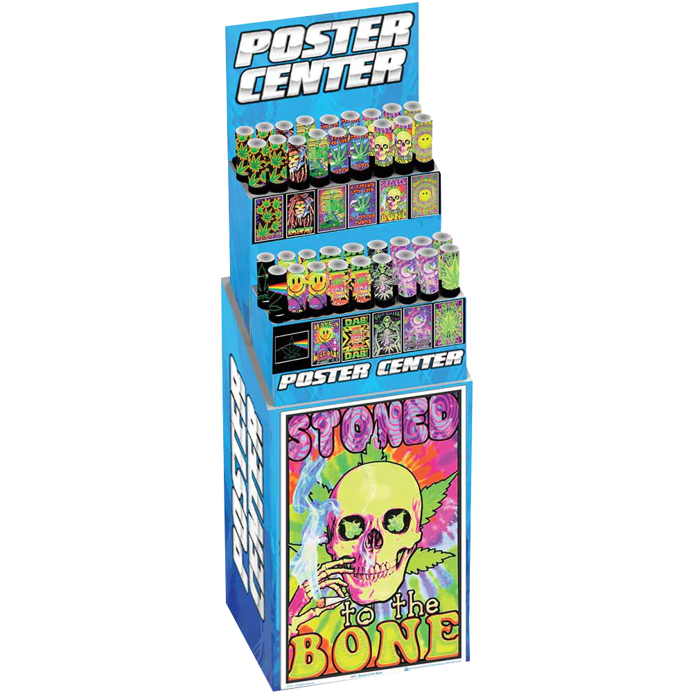 Assorted 420-themed blacklight posters displayed in stand, perfect for home decor