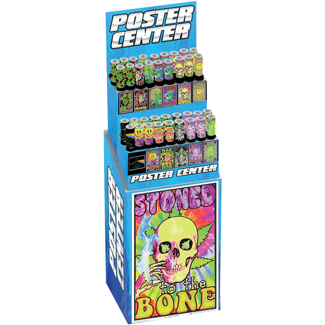 Assorted 420-themed blacklight posters displayed in stand, perfect for home decor