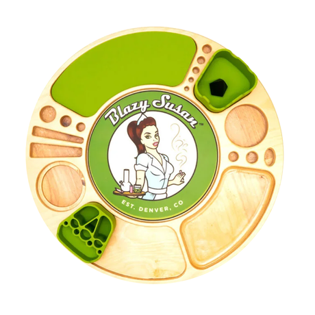 Blazy Susan Birch Spinning Rolling Tray in Green, Top View, with Various Compartments for Smoking Accessories