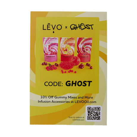 Levo Oil x Ghost promo flyer with discount code for gummy mixes on yellow background