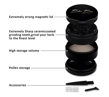Z1 2.5" Black Ceramic Grinder by Blue Bus with Sharp Teeth, Pollen Storage, and Accessories