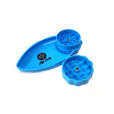 High Society Neon Blue Mini Rolling Tray and Grinder Combo Set on White Background