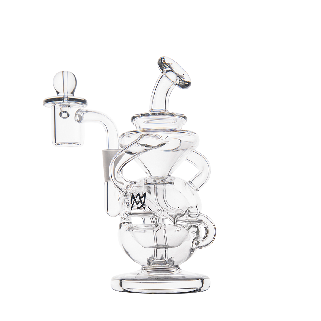 MJ Arsenal Infinity Mini Dab Rig, clear borosilicate glass with a 90-degree banger hanger, front view