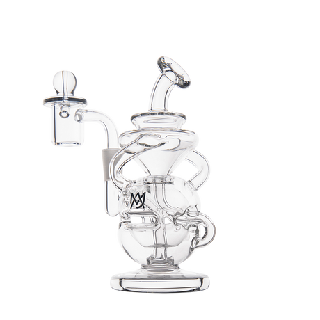 MJ Arsenal Infinity Mini Dab Rig, clear borosilicate glass with a 90-degree banger hanger, front view
