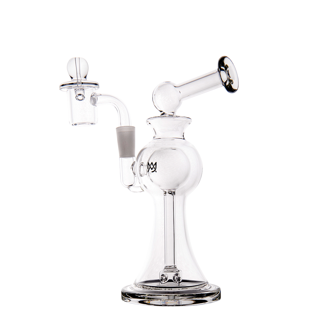 MJ Arsenal Apollo Mini Dab Rig with clear borosilicate glass, 90-degree banger hanger, side view