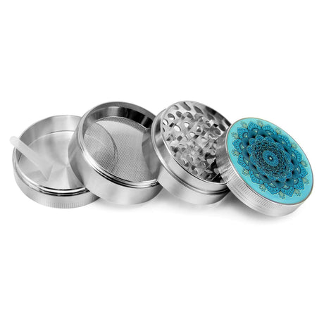PILOT DIARY Mandala Grinder Silver with intricate design, disassembled view showing all compartments