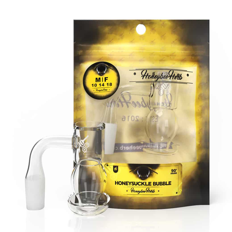 Honeybee Herb Bangers Yellow Line, Honeysuckle Bubble 14MM-M-90°, Quartz on packaging
