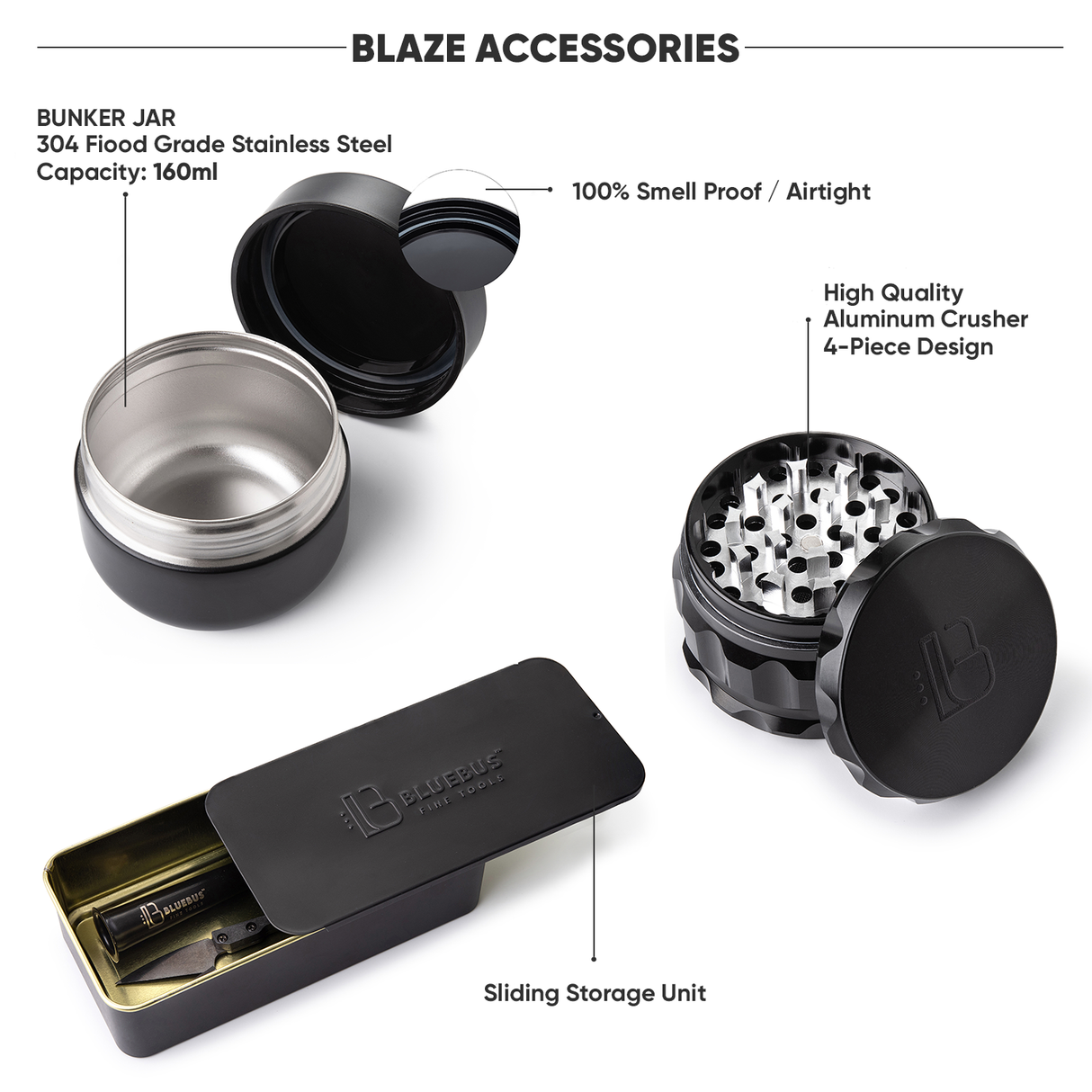 BLAZE Accessories set featuring a stainless steel bunker jar, aluminum 4-piece grinder, and sliding storage unit on a black background.
