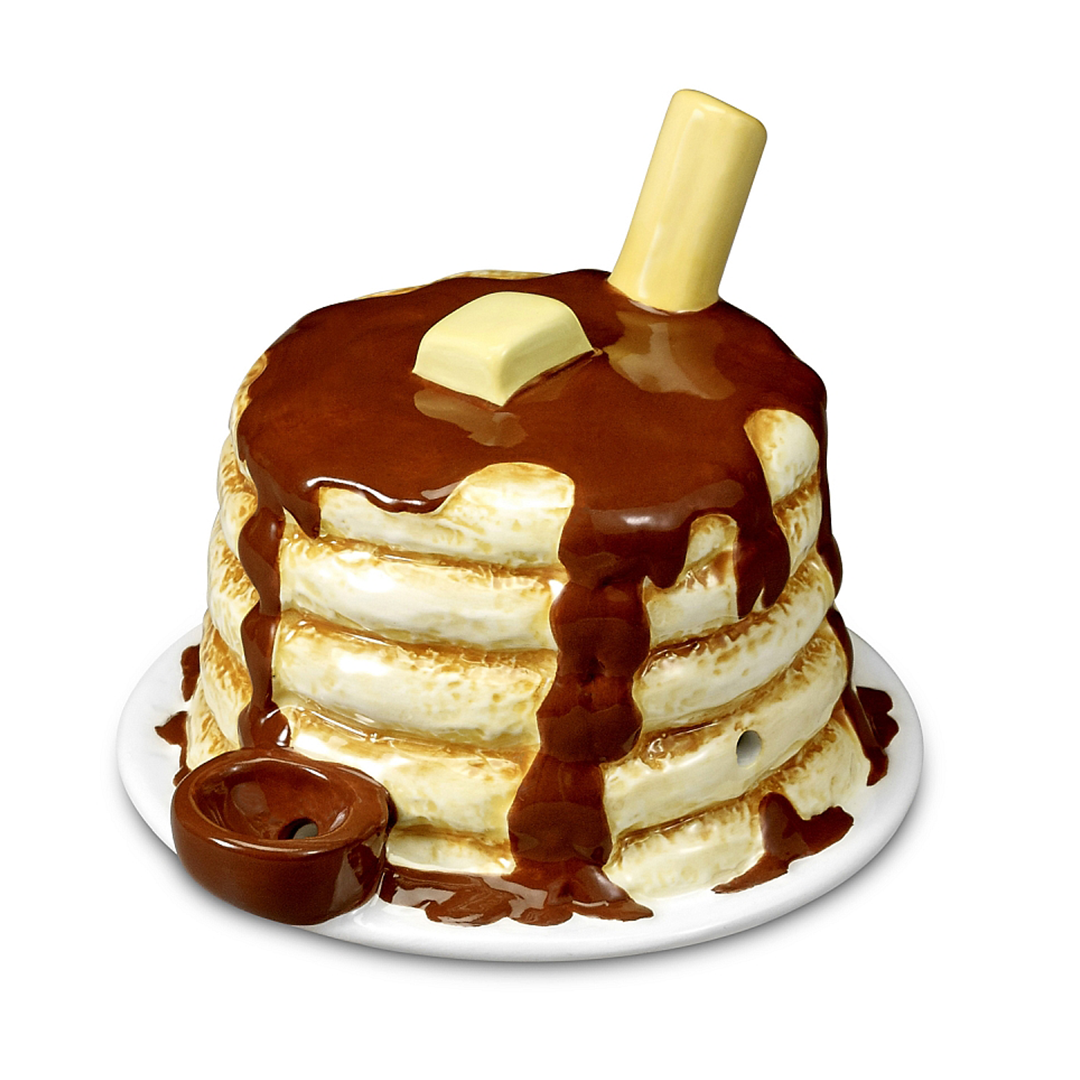 Fantasy Ceramic Novelty Pipe shaped like a Pancake Stack with Syrup, front view on white background