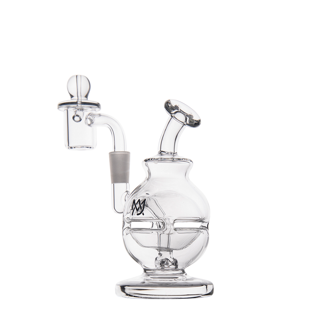 MJ Arsenal Royale Mini Dab Rig, clear glass, side view, with 10mm banger hanger design