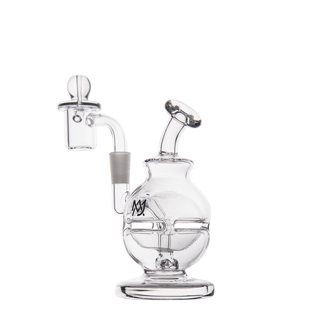 MJ Arsenal Royale Mini Dab Rig, clear glass, side view, with 10mm banger hanger design