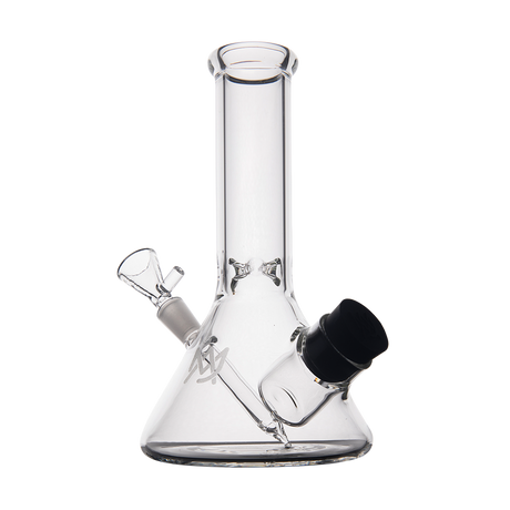 MJ Arsenal Cache Bong front view, clear borosilicate glass, compact beaker design, 45-degree joint