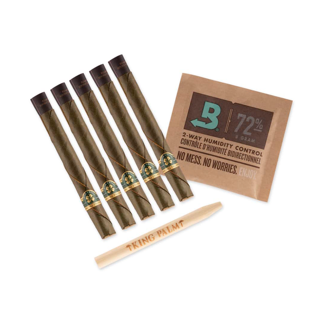 King Palm Mini Rolling Cones Variety Pack displayed with humidity control packet and packing stick