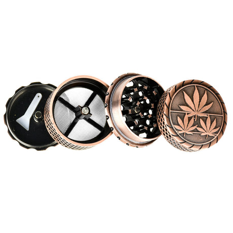 Assorted 4-Piece Metal Grinders with Hemp Leaf Design, Medium Size, Open and Closed Views