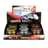 Assorted 4-Piece Metal Grinders with Hemp Leaf Design on Display Box