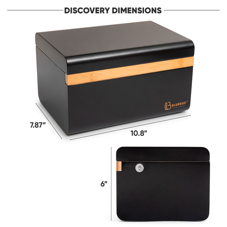 Blue Bus Fine Tools DISCOVERY Storage Stash Box in black with bamboo accents, front and top view.