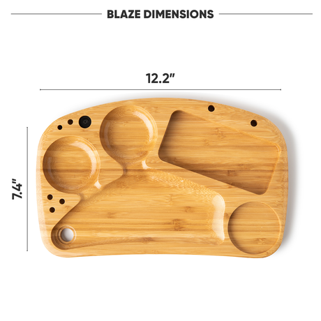 BLAZE Wooden Stash Rolling Tray by Blue Bus with compartments, top view on white background