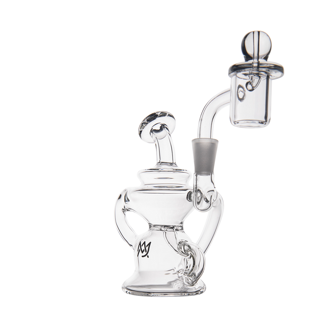 MJ Arsenal Hydra Mini Dab Rig, clear borosilicate glass, 90-degree banger hanger, front view