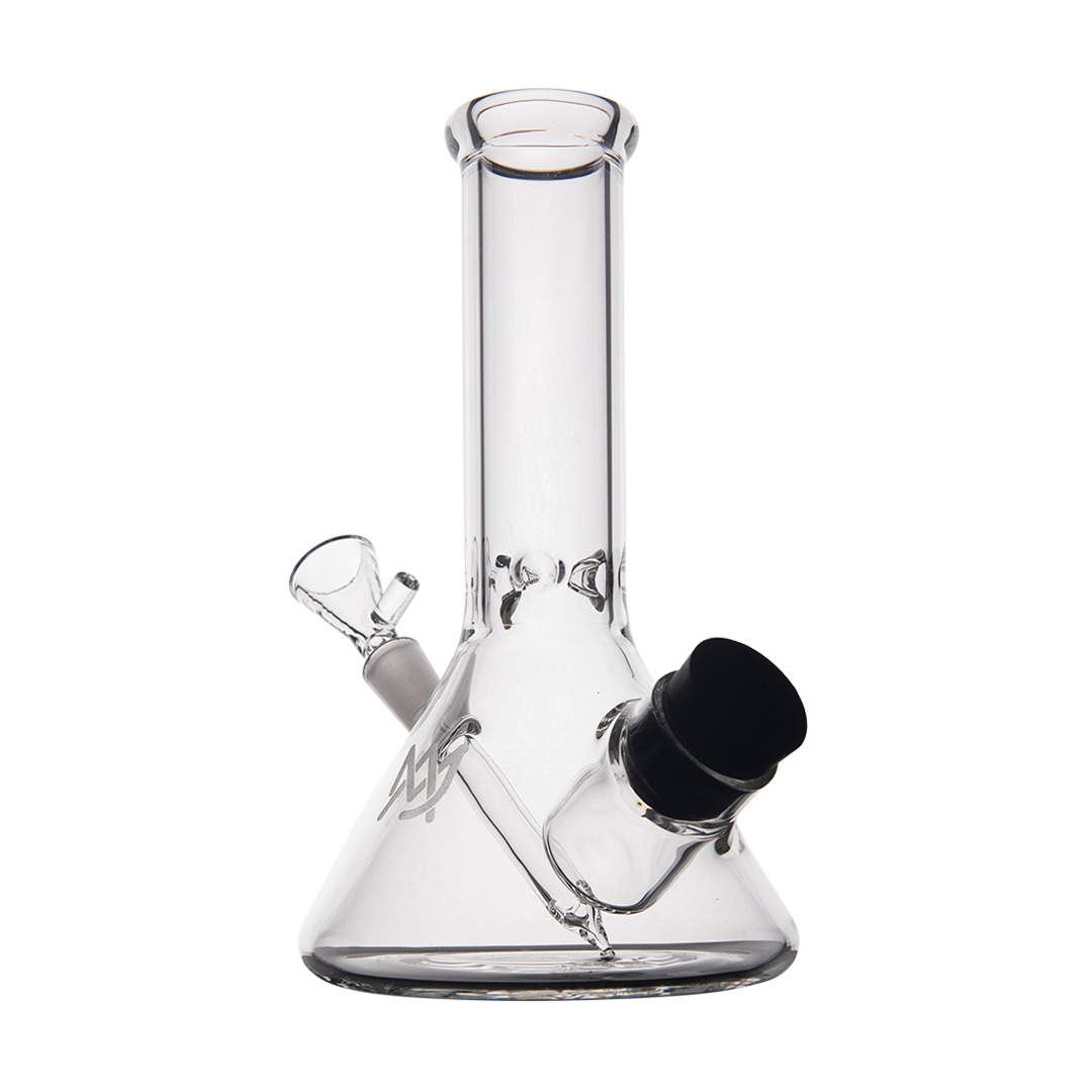 MJ Arsenal Cache Bong in clear borosilicate glass with gold accents, front view on white background