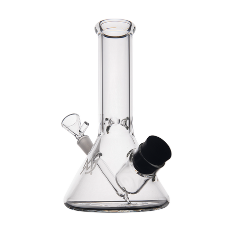 MJ Arsenal Cache Bong in clear borosilicate glass with gold accents, front view on white background