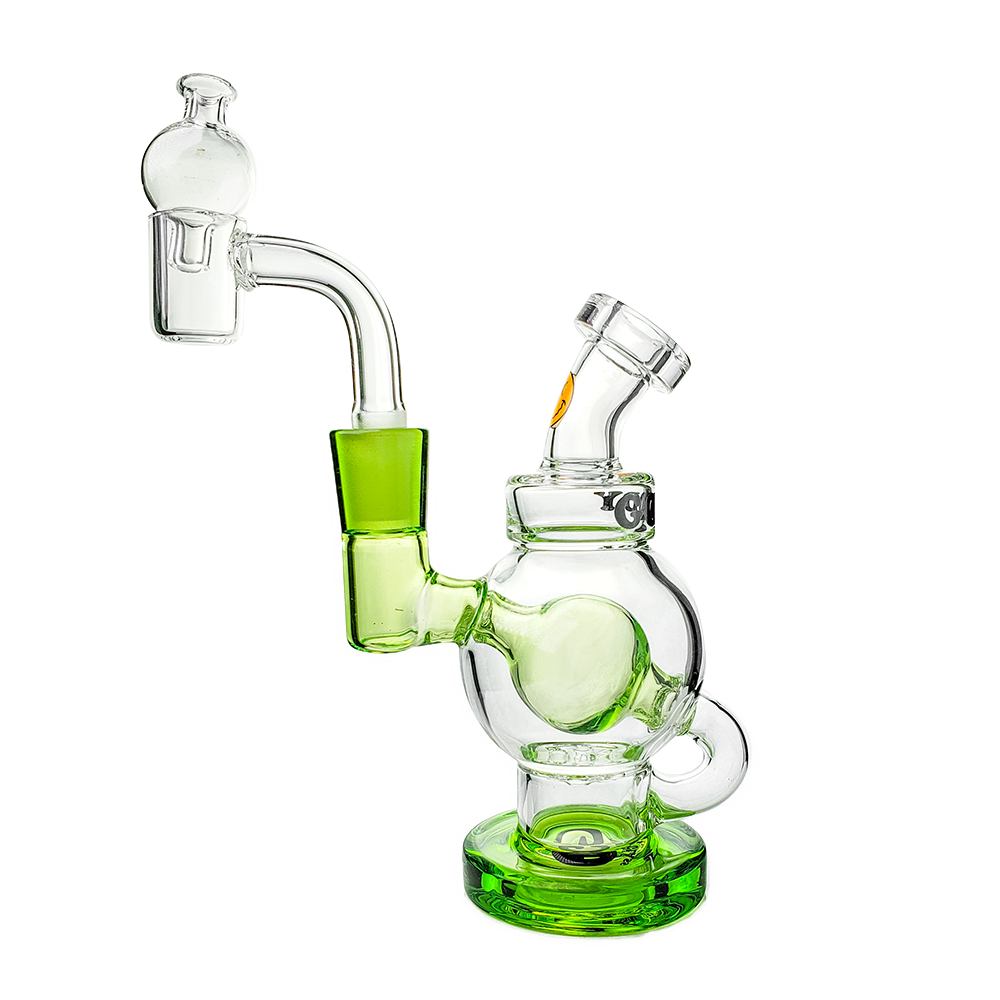 Goody Glass Orbit Mini Rig in Slime Green with Quartz Banger - Angled Side View