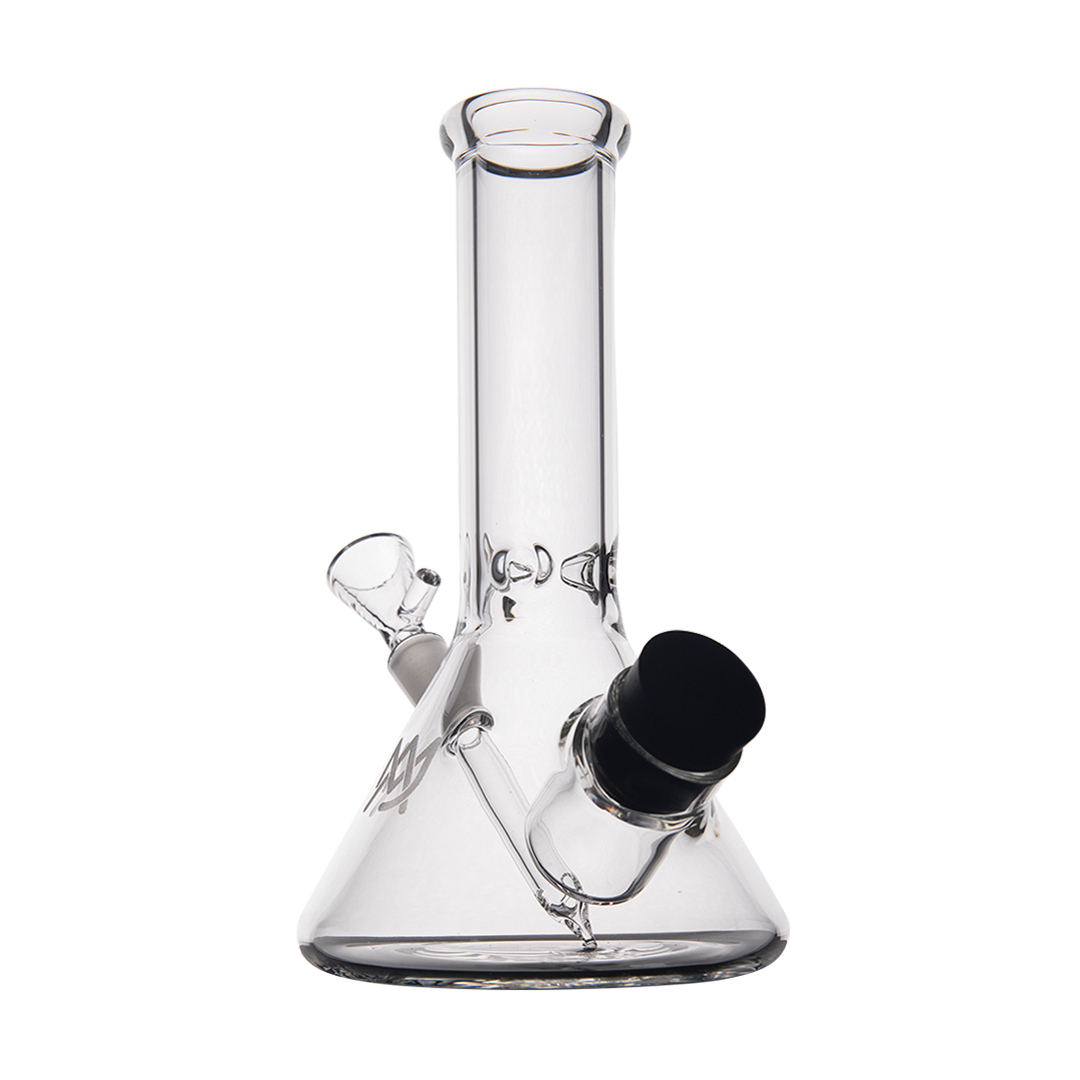 MJ Arsenal Cache Bong in clear borosilicate glass, portable beaker design with 45-degree joint