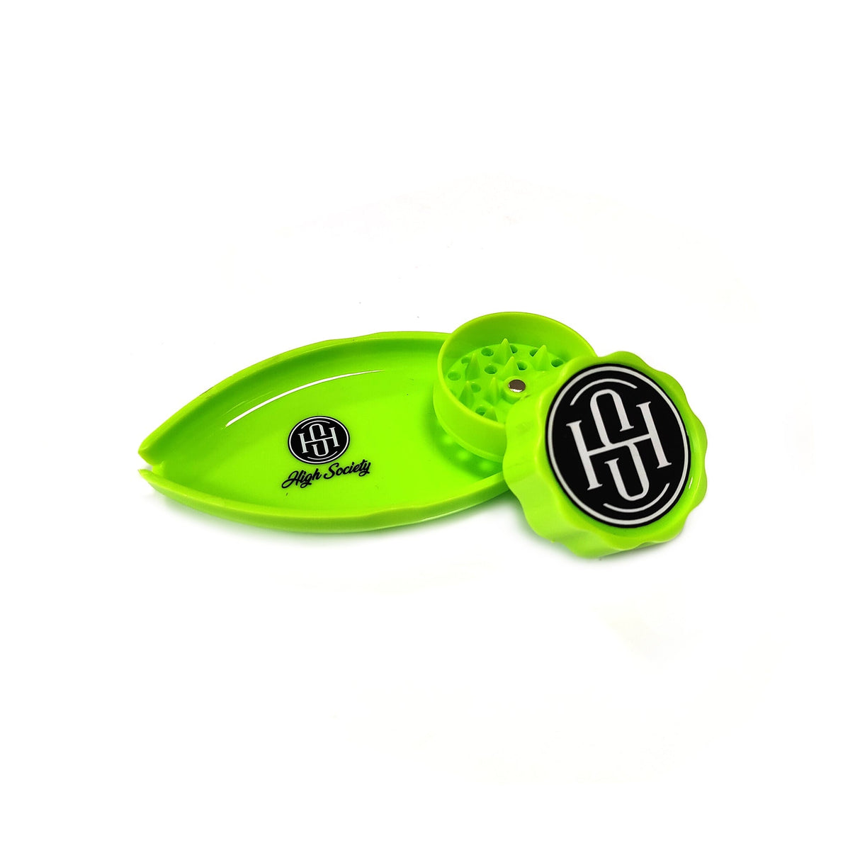 High Society Neon Green Mini Rolling Tray and Grinder Combo on a white background