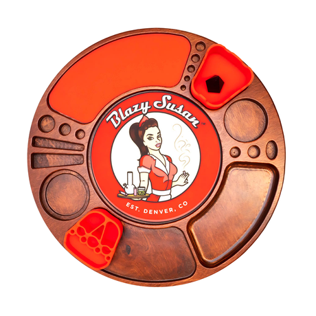 Blazy Susan Spinning Rolling Tray in Cherry Red with Multiple Compartments - Top View