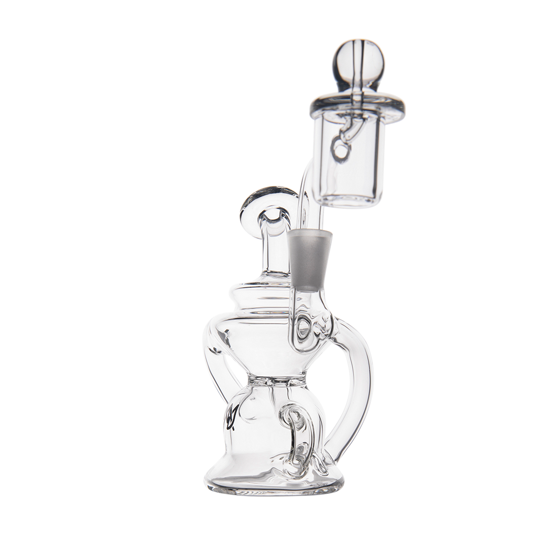 MJ Arsenal Hydra Mini Dab Rig, clear borosilicate glass, 90-degree banger hanger, side view