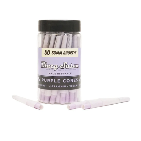 Blazy Susan 53mm Shorts Purple Paper Cones 3-pack, front view with container and two cones displayed