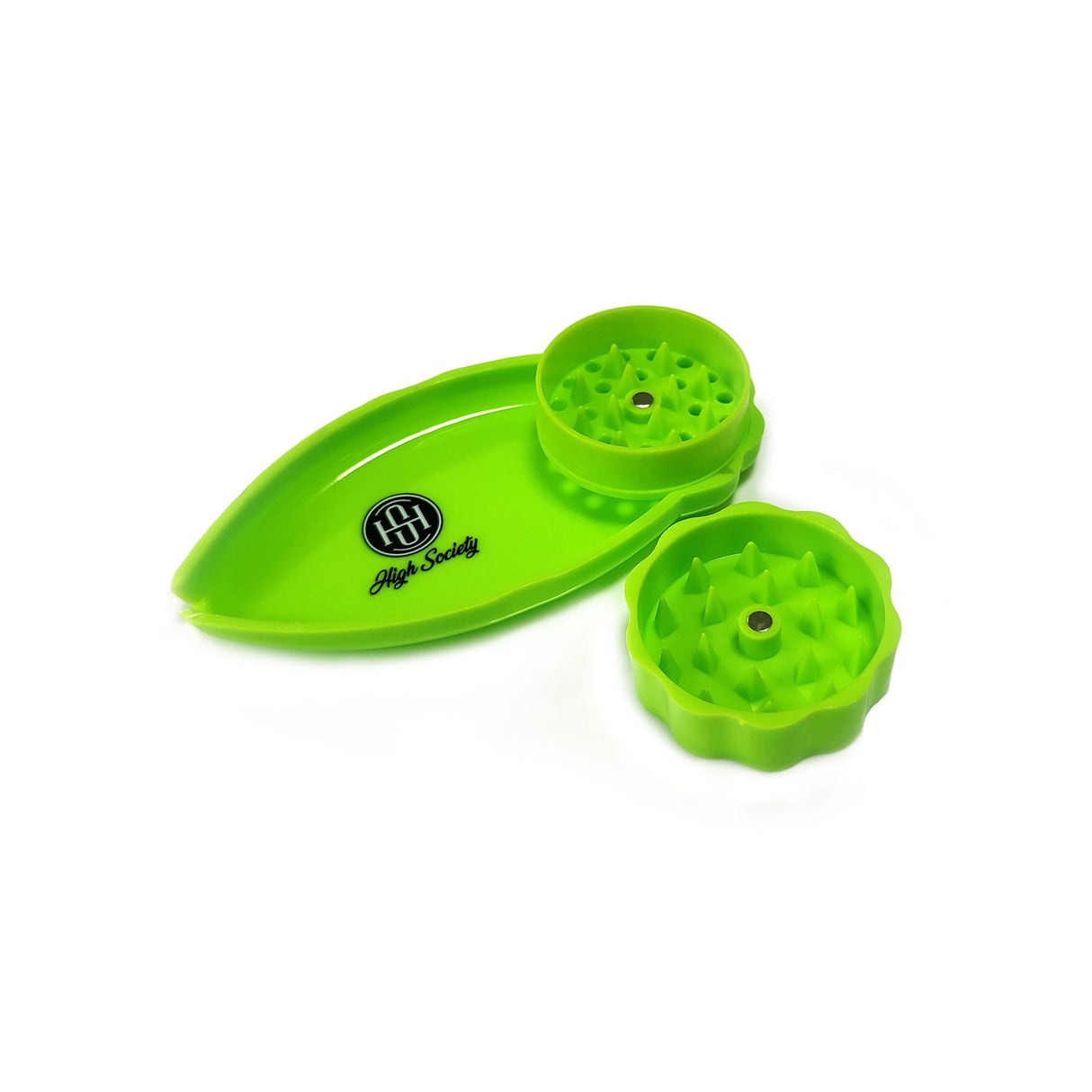 High Society Mini Rolling Tray Grinder Combo in Neon Green, Top View, Compact Design